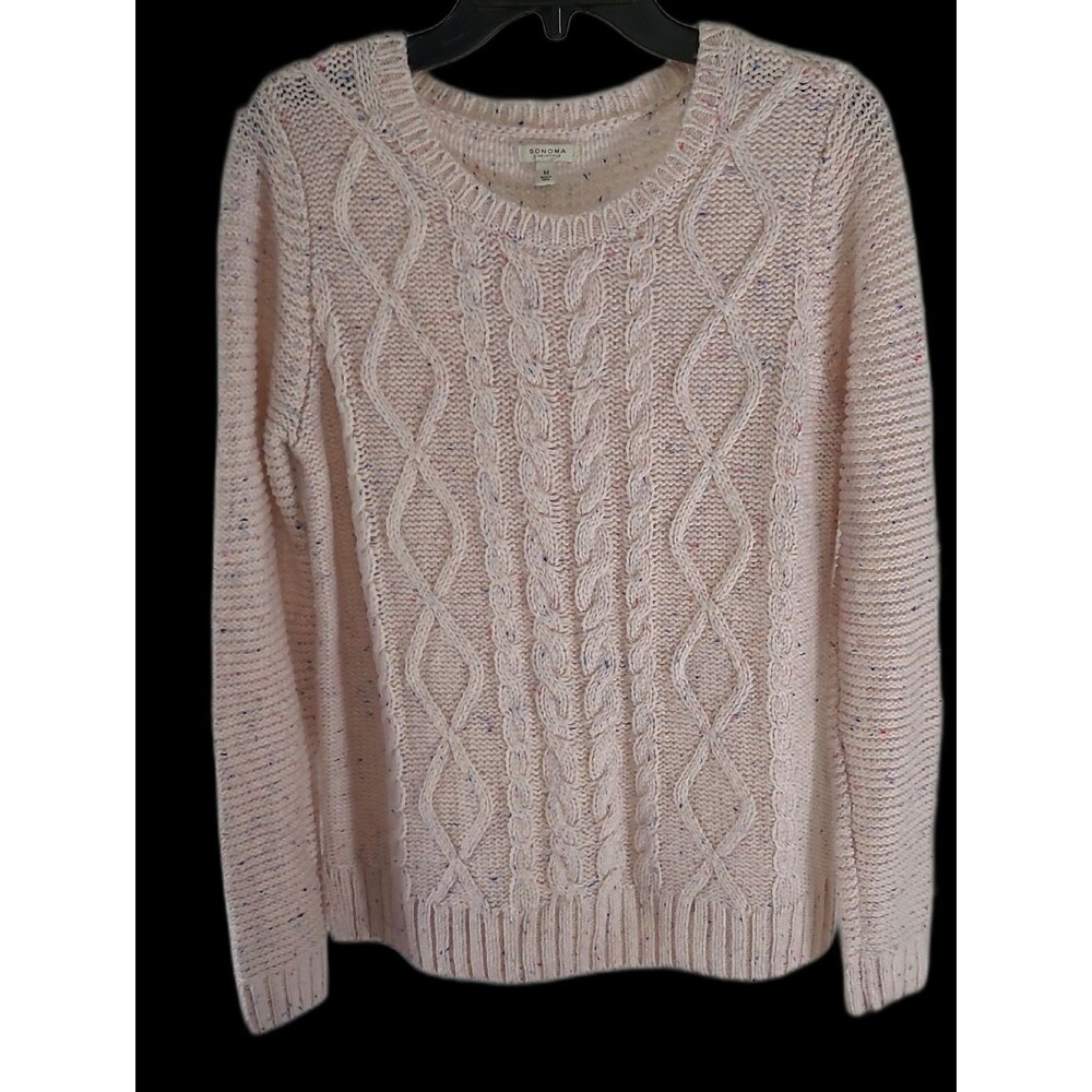 Sonoma Women's Medium Pale Pink Cable Knit Crewneck Sweater with Speckle Detail